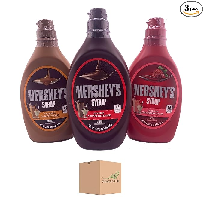 Hershey Syrup Variety Pack, 3 Flavors- Hershey Chocolate Syrup22oz, Hershey Strawberry Syrup 22oz, and Hershey Caramel Syrup 22oz.