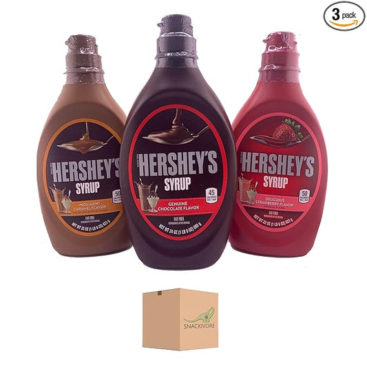 Hershey Syrup Variety Pack, 3 Flavors- Hershey Chocolate Syrup22oz, Hershey Strawberry Syrup 22oz, and Hershey Caramel Syrup 22oz.